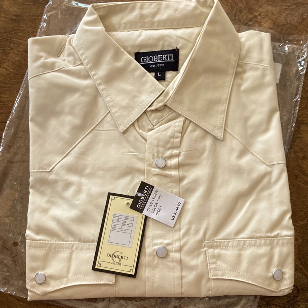 Mens solid ivory champagne pearl snap western long sleeve shirt